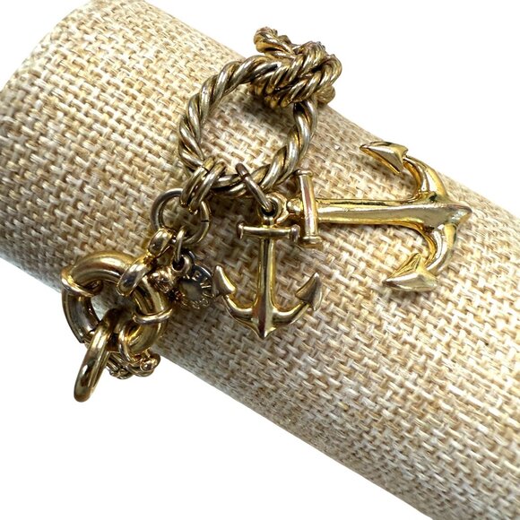 J Crew Gold-Tone Nautical Anchor Charm Bracelet With Twisted Rope Chain & Clasp - Picture 2 of 10